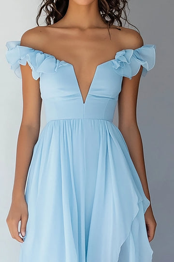 Sky Blue Chiffon Off the Shoulder Ruffled A Line High-Low Formal Dress